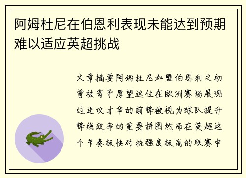 阿姆杜尼在伯恩利表现未能达到预期难以适应英超挑战