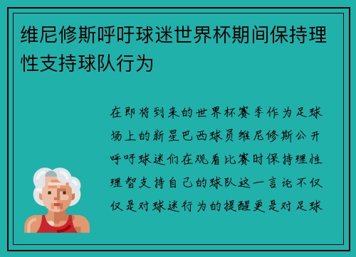 维尼修斯呼吁球迷世界杯期间保持理性支持球队行为 维尼修斯呼吁球迷世界杯期间保持理性支持球队行为