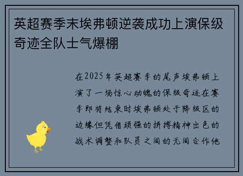 英超赛季末埃弗顿逆袭成功上演保级奇迹全队士气爆棚 英超赛季末埃弗顿逆袭成功上演保级奇迹全队士气爆棚